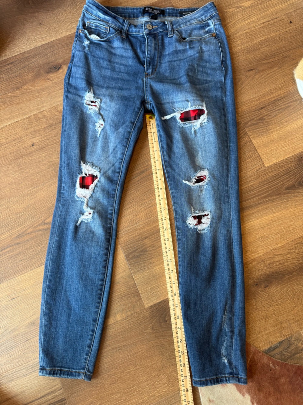 Judy Blue Blue Skinny Jeans with Red Plaid Patch Accents